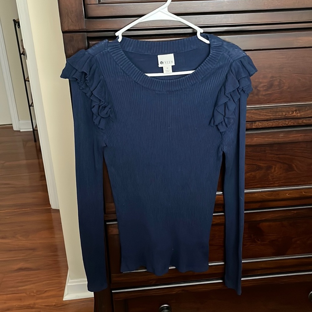 Stylus navy flutter sleeve sweater